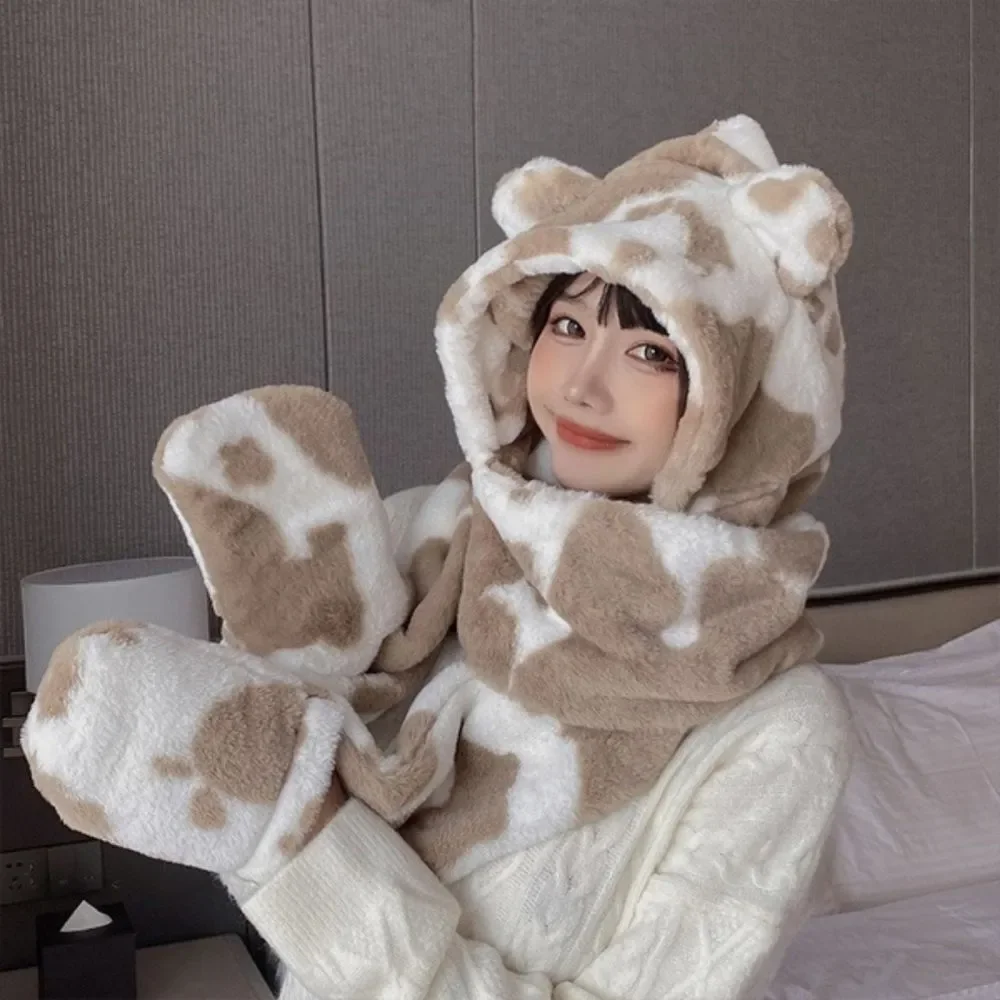 Ultra Soft Cow Print Hat Scarf Mitten Attached Furry Hood Ears Puppy Snow Bunny